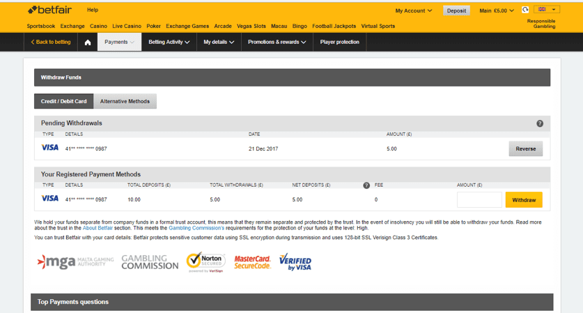 Betfair payment methods